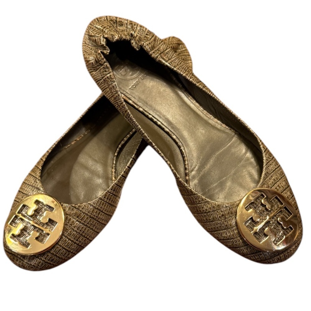 Tory Burch Gold Snakeskin Embossed Leather Reva Logo Ballerina Flats Size 9.5